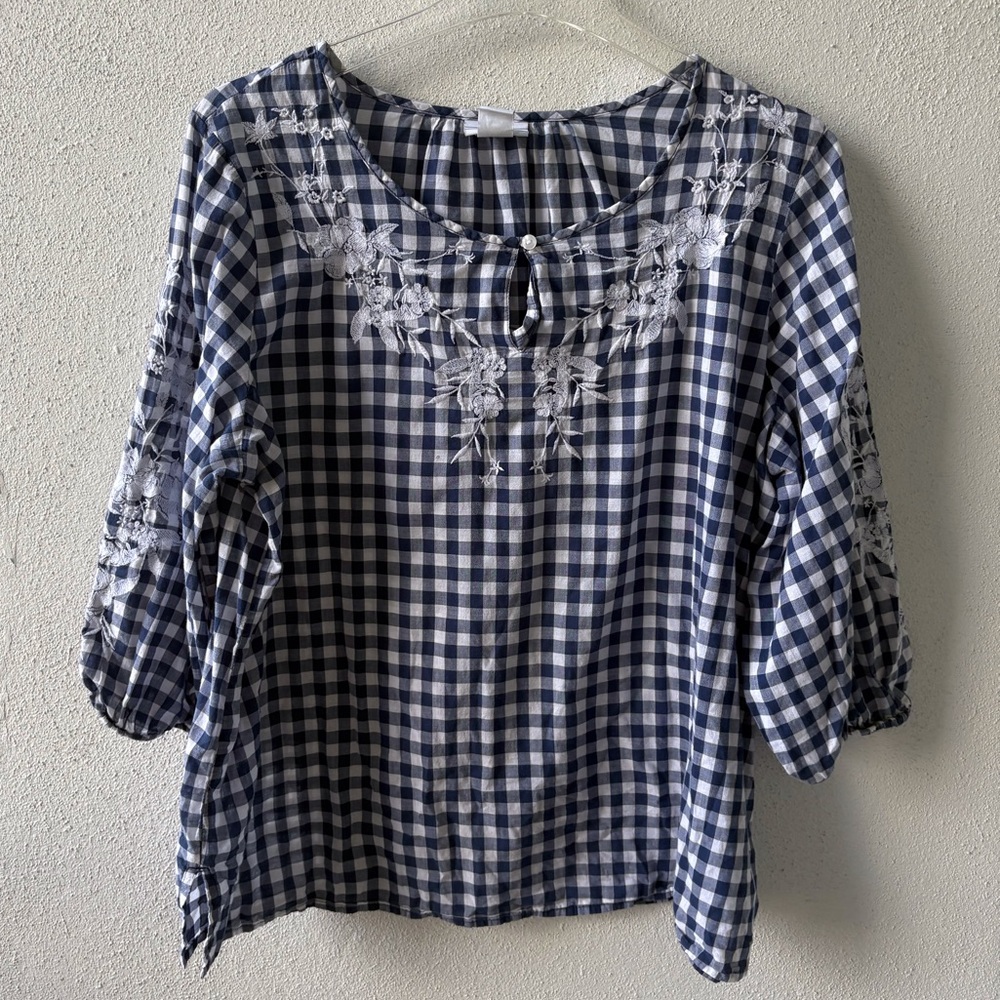 Liz Claiborne Large Cotton Gingham‎ Embroidered Top Boho Cottagecore Prairie